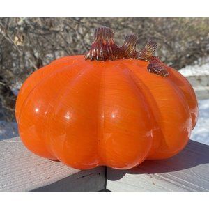 LARGE 8 3/4" Orange Blown Glass Pumpkin Decor Hand Blown Stem Seasonal Fall